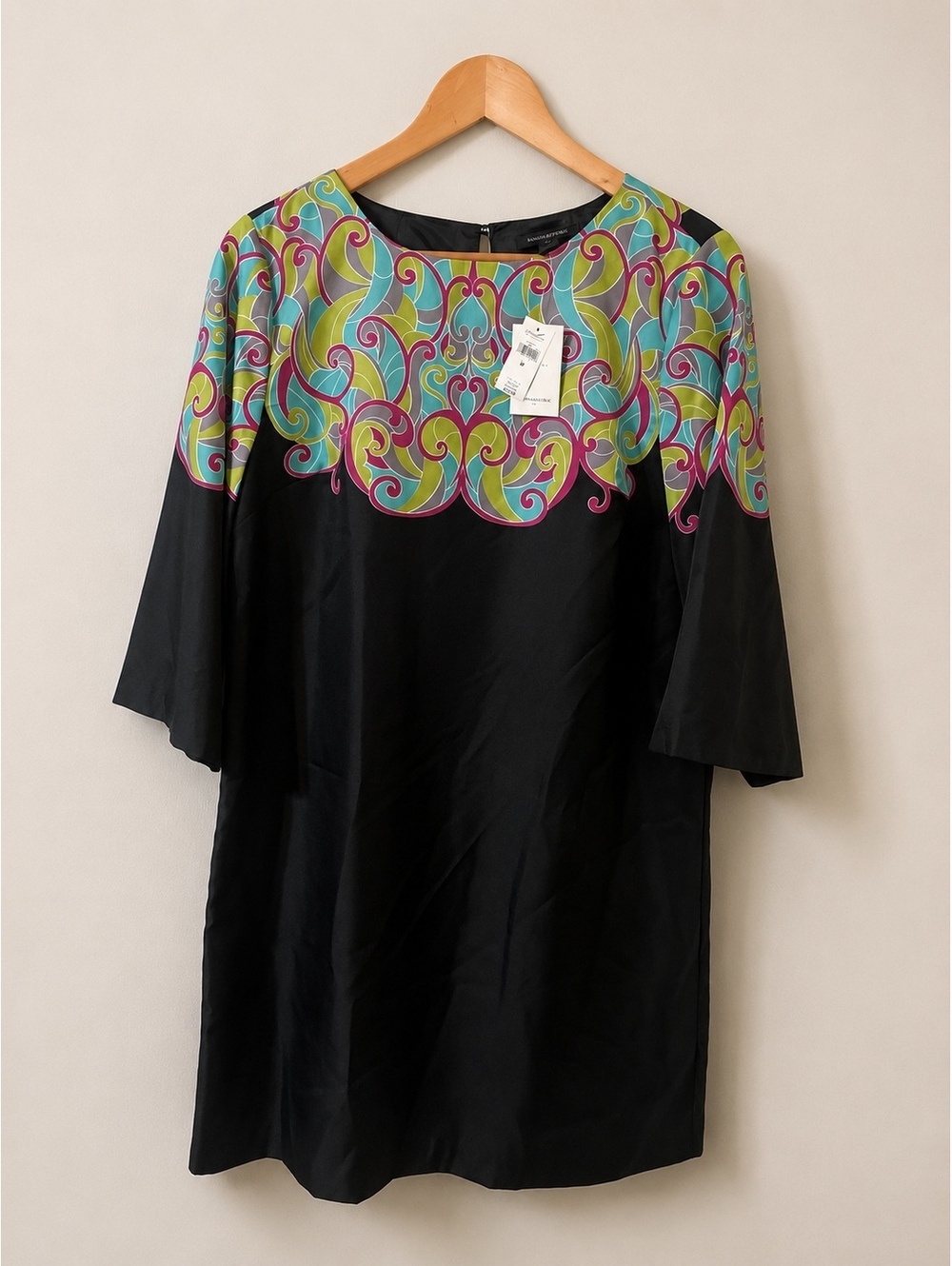 Banana Republic Women's Black Dress with Colorful Patterned Yoke Size M